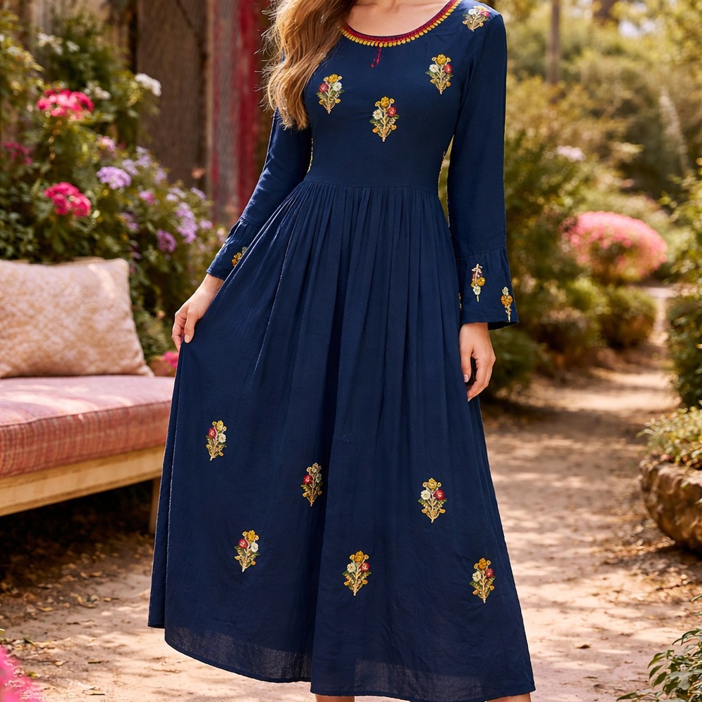 Navy Floral Embroidered Maxi Dress - Brand: